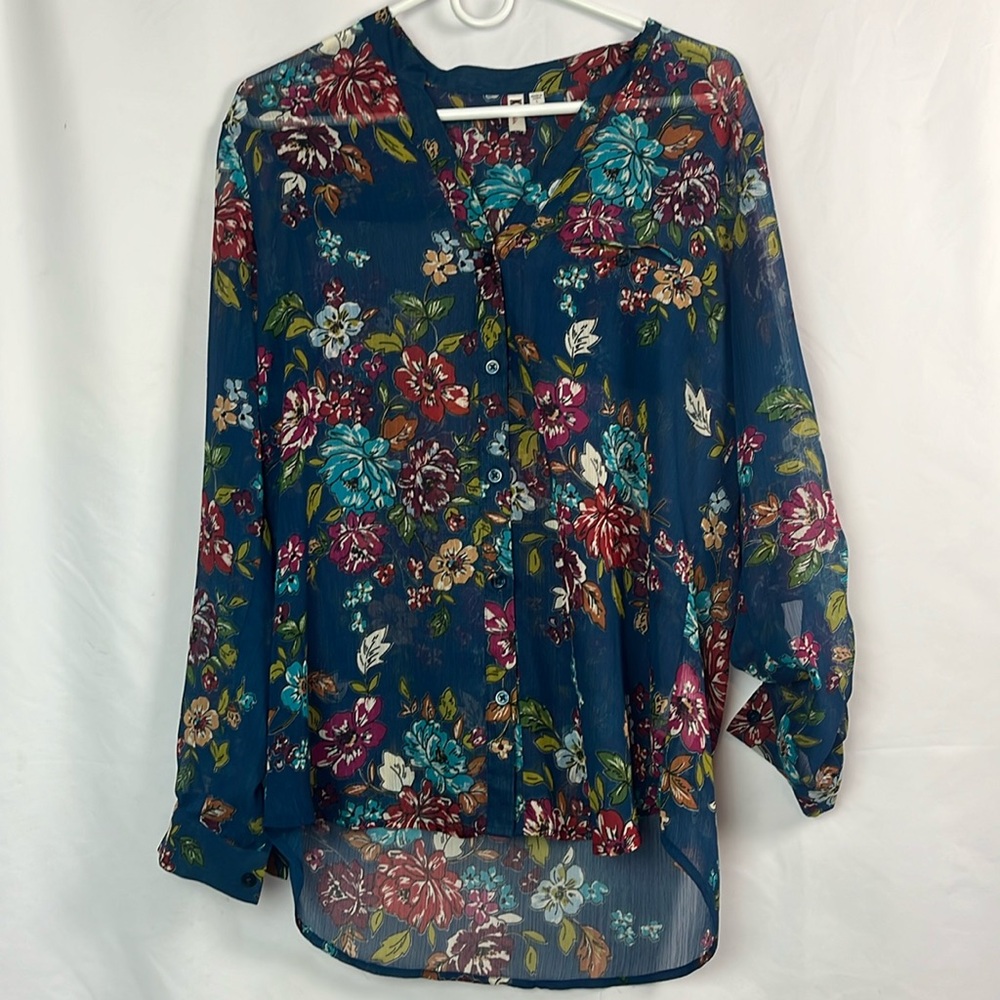 Elegant Blue Blouse with Sheer Floral Design Kut from the Kloth large
